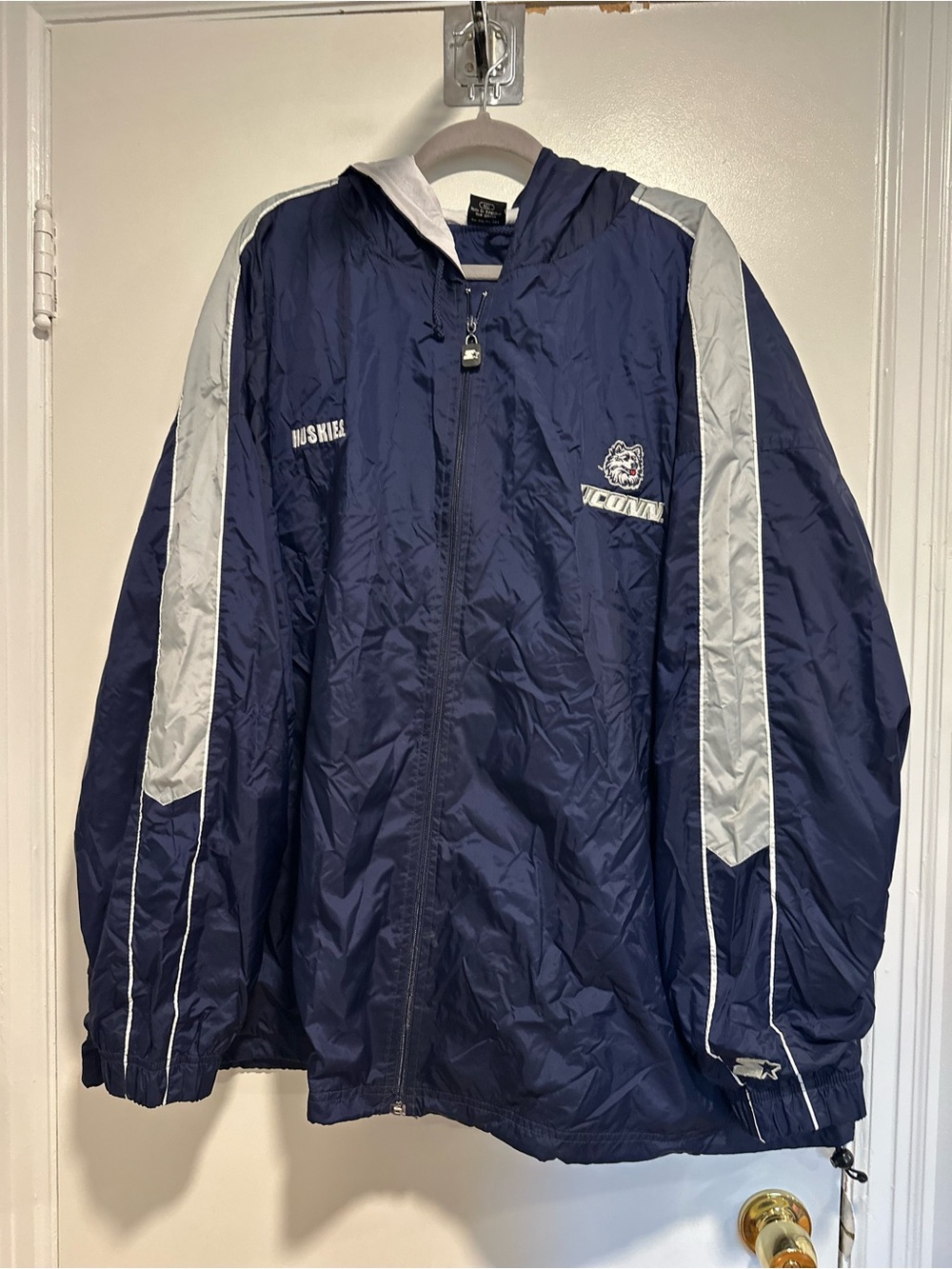 VTG 90s Starter blue/gray UCONN Huskies Sz4XL full-zip hooded windbreaker jacket